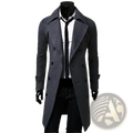 Men wool blend double breasted trench coat in sleek dark gray with classic notched collar and black buttons