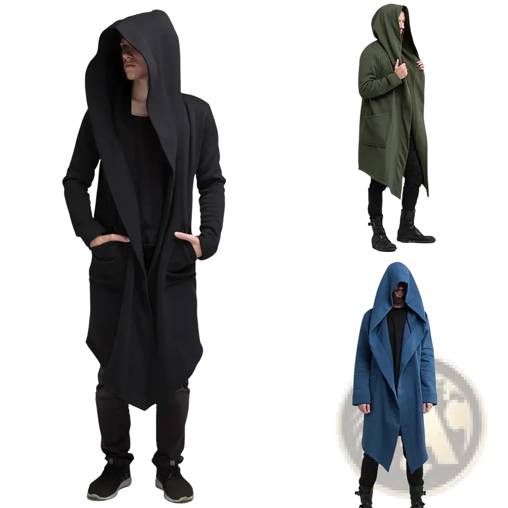 Men wool blend hooded long cardigan coat in black olive green and blue with asymmetrical hemline trench design