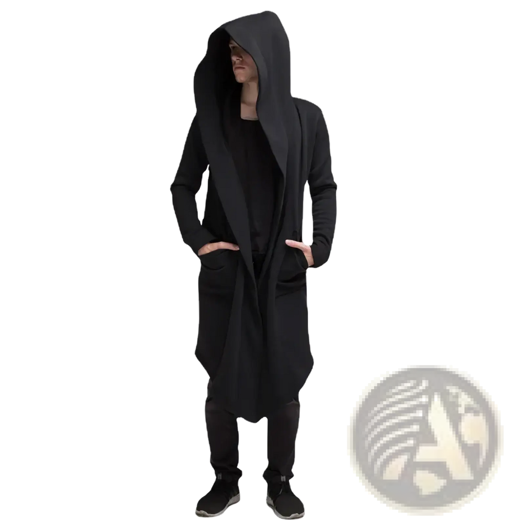 Black wool blend men hooded long cardigan coat with relaxed asymmetrical hem and front pockets