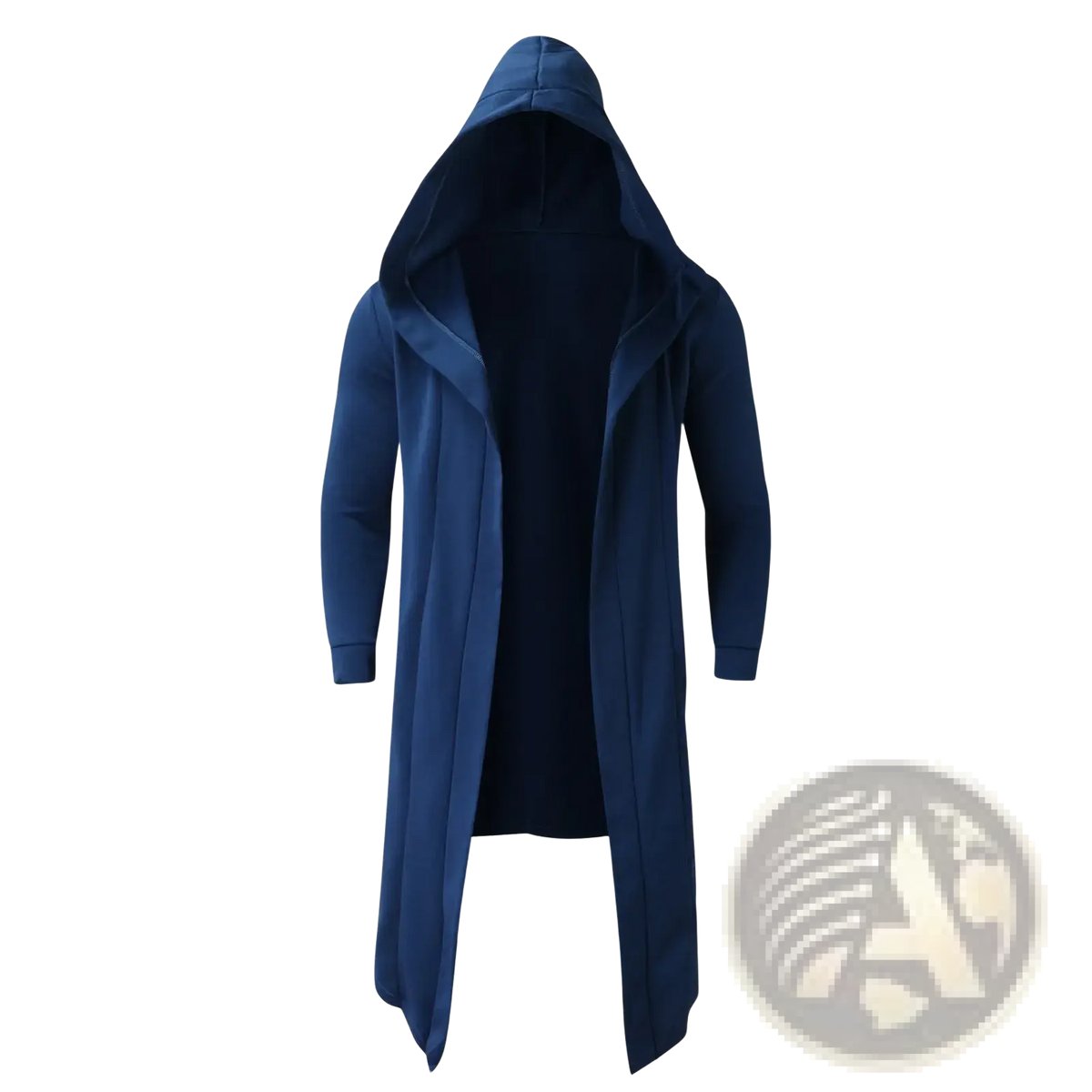 Dark blue men wool blend hooded long cardigan coat with long sleeves and sleek modern design