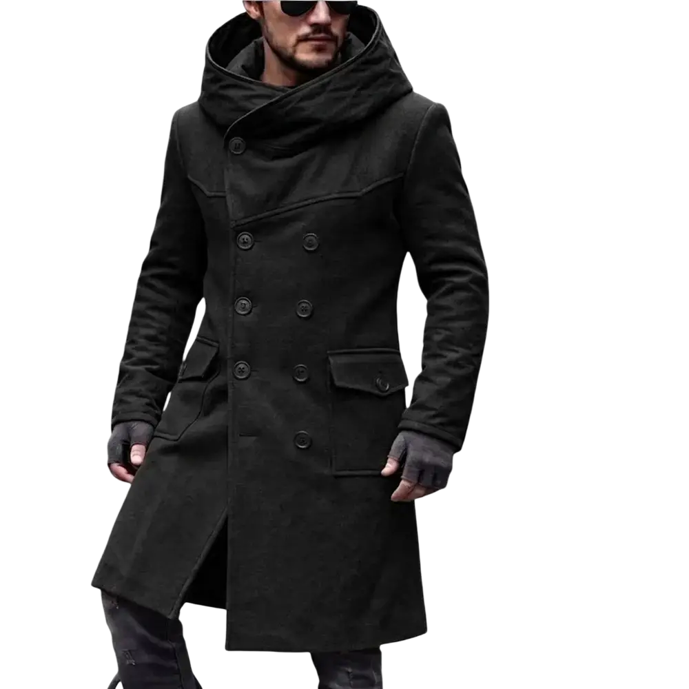 Black wool blend men trench coat with double-breasted front hood and flap pockets modname=ckeditor