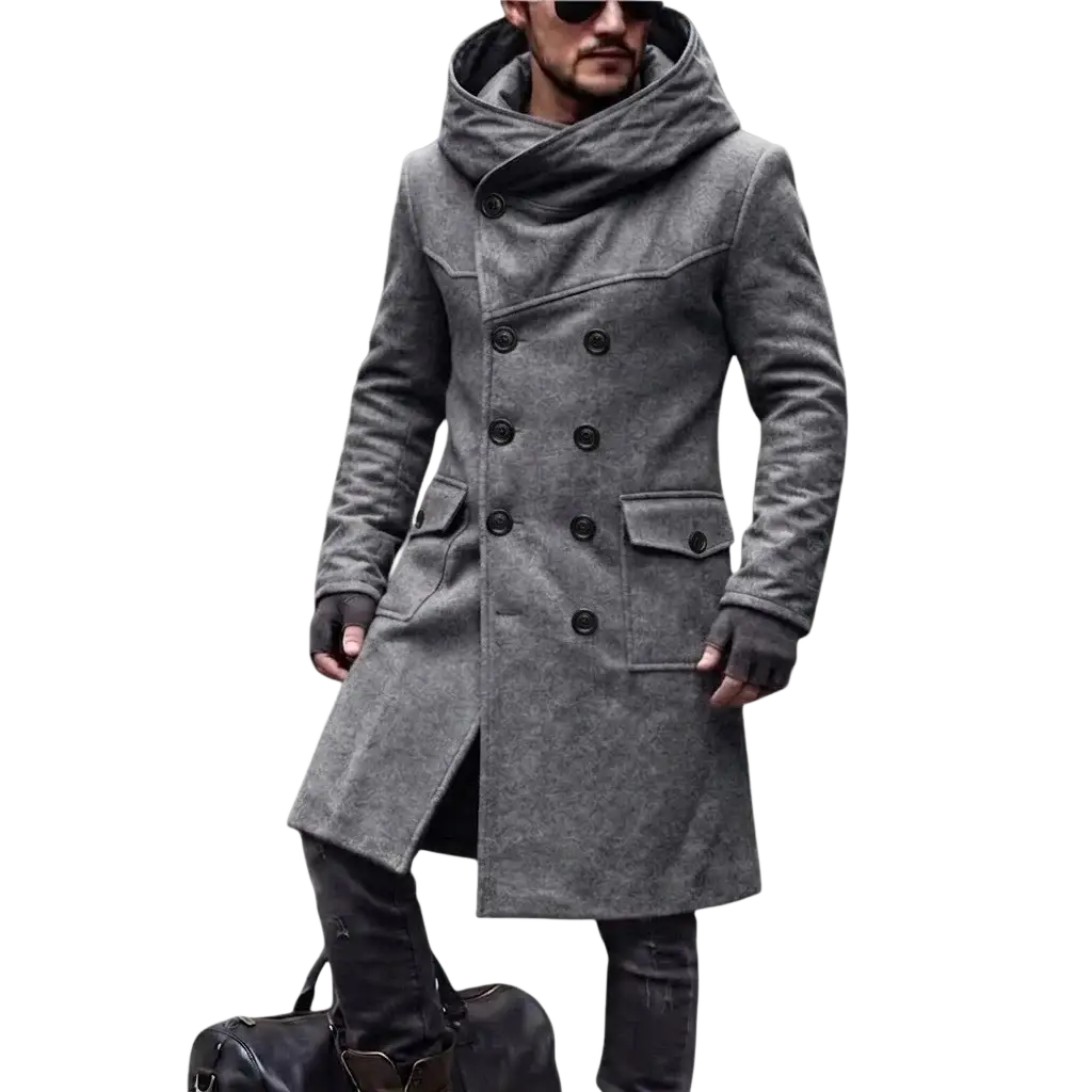 A stylish gray wool blend hooded trench coat for men with double-breasted black buttons modname=ckeditor
