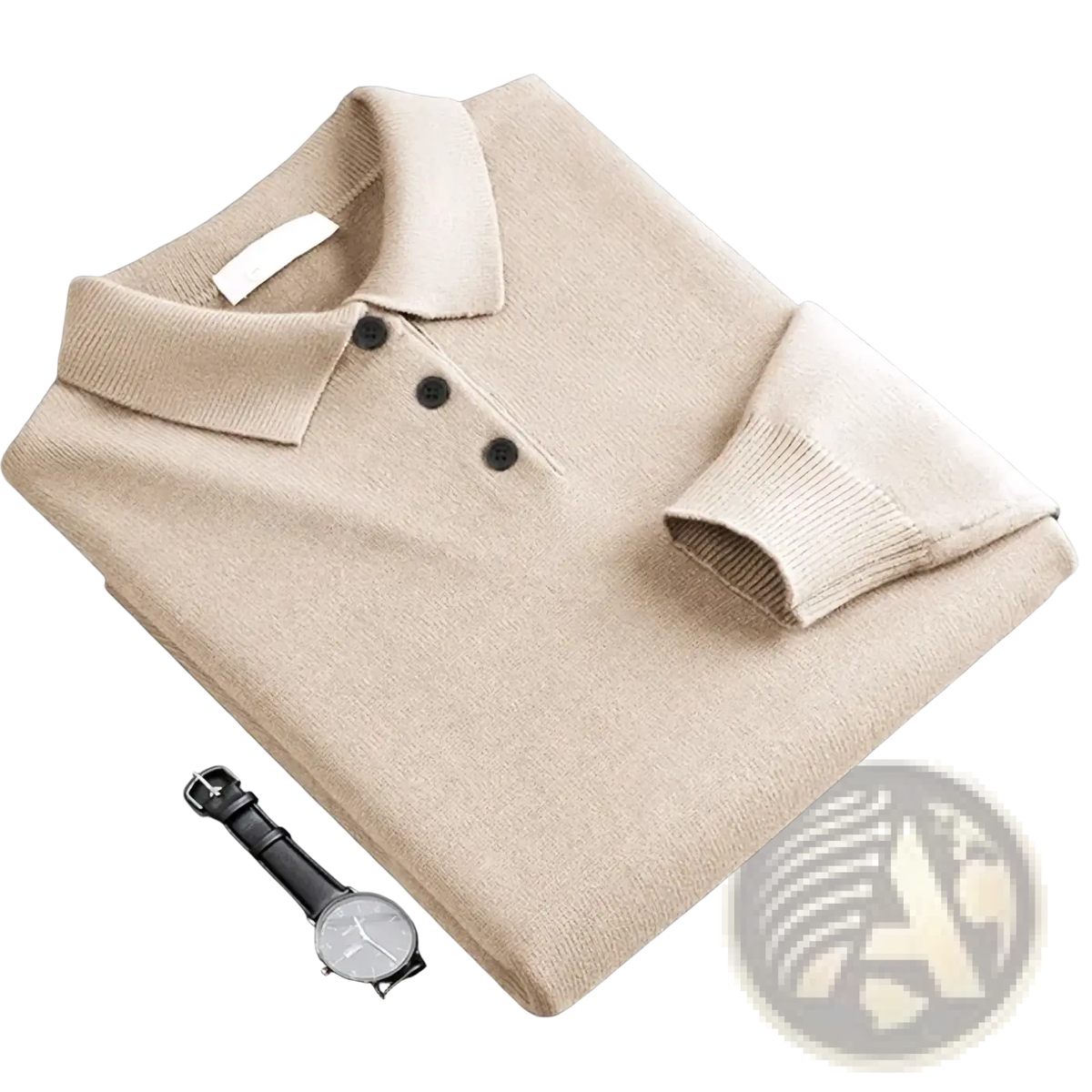 Men wool blend knit polo sweater in beige with black buttons and ribbed cuffs for stylish casual wear