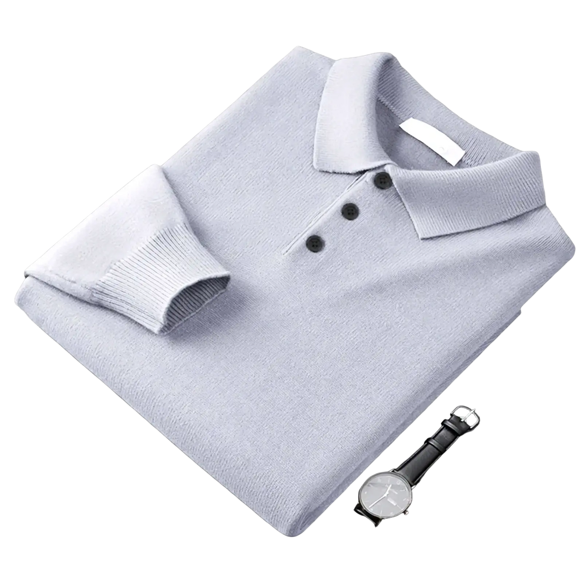 Men wool blend knit polo sweater in light gray with ribbed collar cuffs and three black front buttons