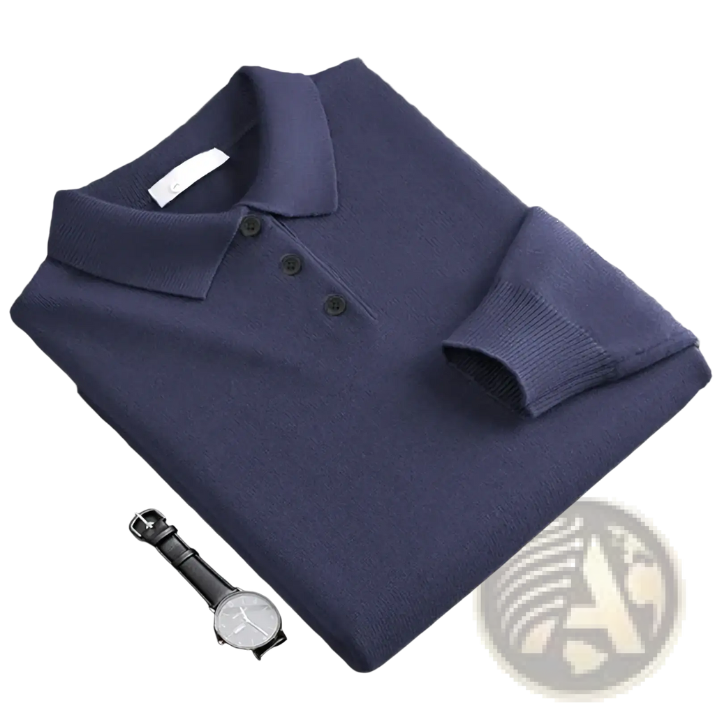 Navy blue men wool blend knit polo sweater with classic collar and three dark buttons in front view