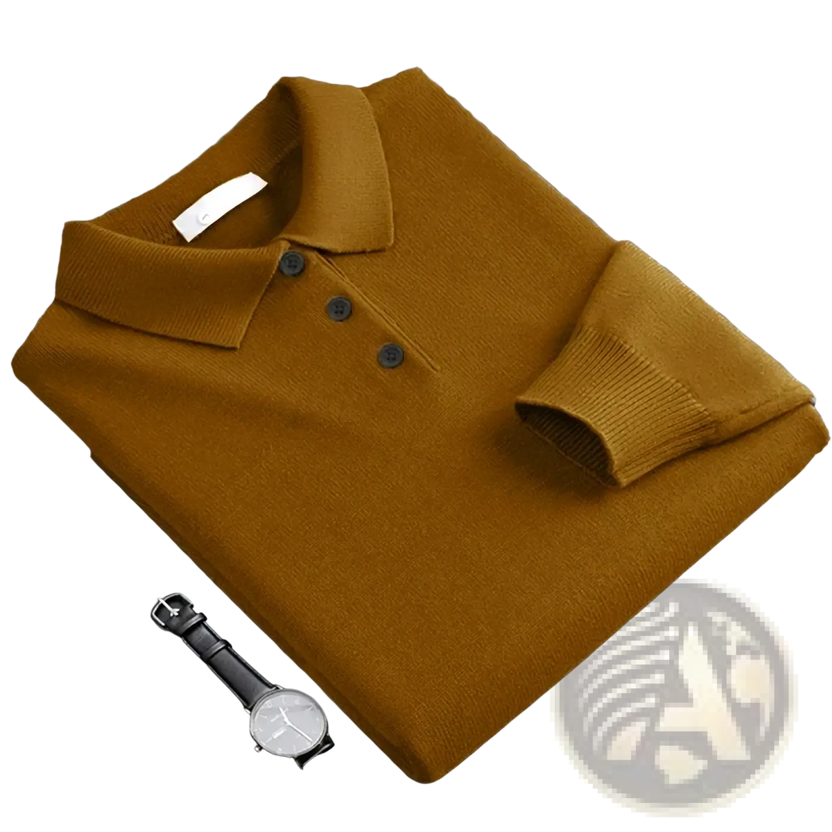 Men wool blend knit polo sweater in mustard yellow with ribbed collar cuffs and three dark buttons neatly folded