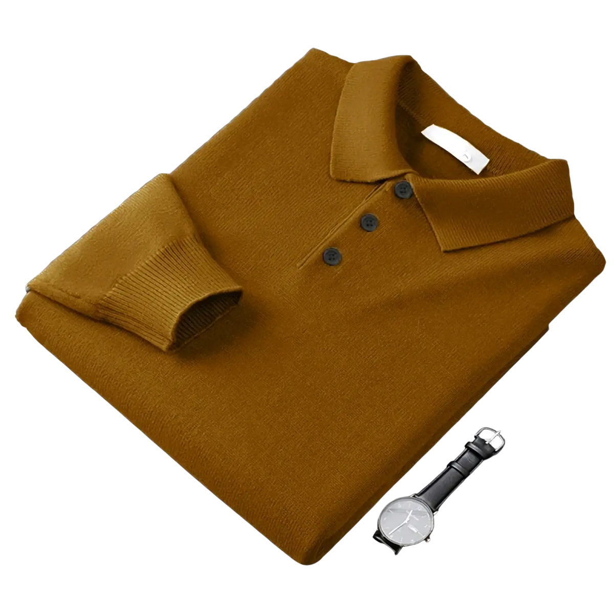 Men wool blend knit polo sweater in mustard yellow featuring a ribbed collar and cuffs with three dark buttons