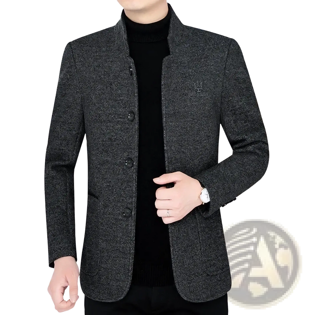 Dark gray textured wool blend mandarin collar blazer with black buttons slim fit jacket for men