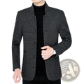 Dark gray textured wool blend mandarin collar blazer with black buttons slim fit jacket for men