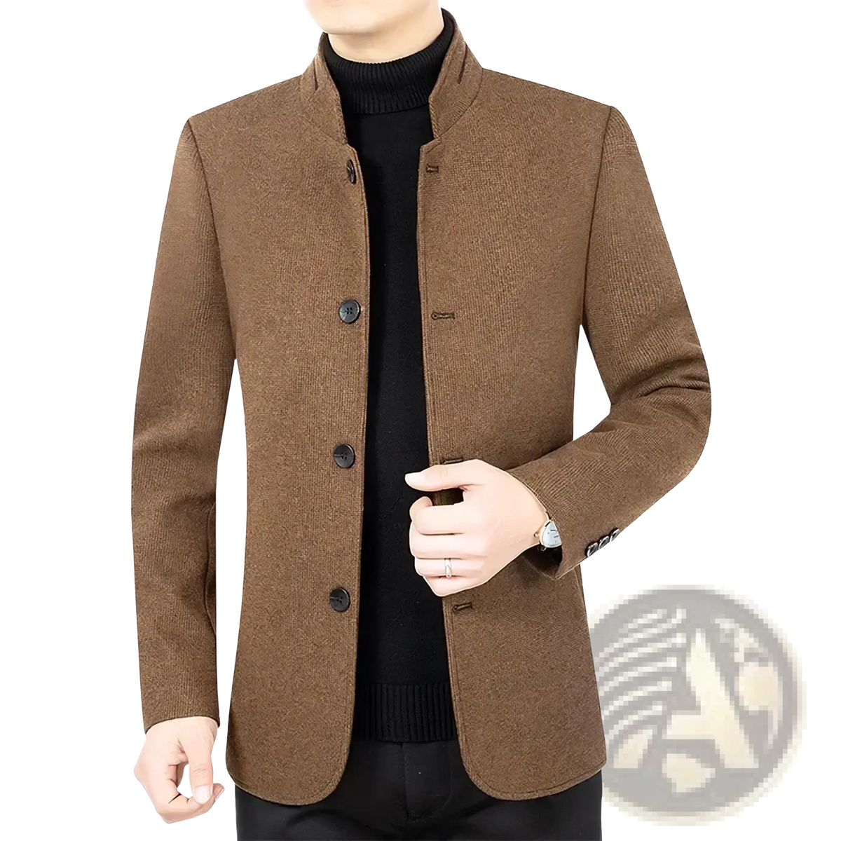 Brown textured wool blend slim fit blazer jacket with mandarin collar and black buttons for men