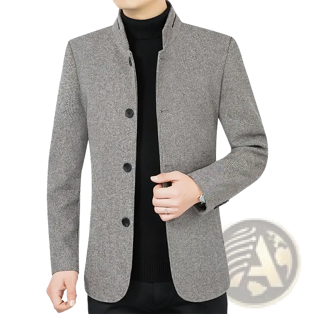 Men wool blend slim fit blazer in gray herringbone pattern with black buttons and mandarin collar