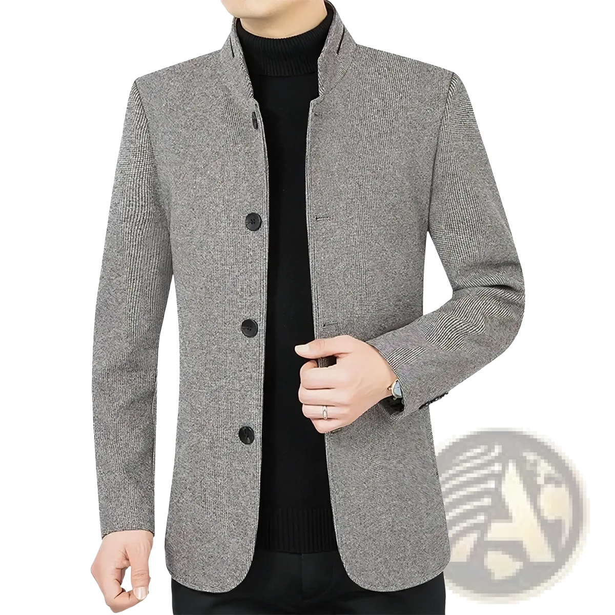 Men wool blend slim fit blazer in gray herringbone pattern with black buttons and mandarin collar