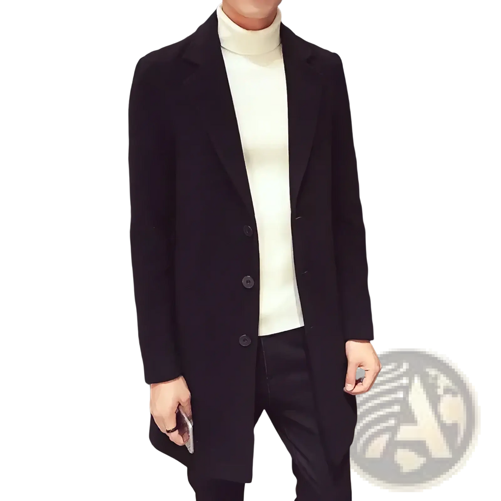 Black wool blend overcoat for men with notched lapels and three dark buttons slim business winter jacket