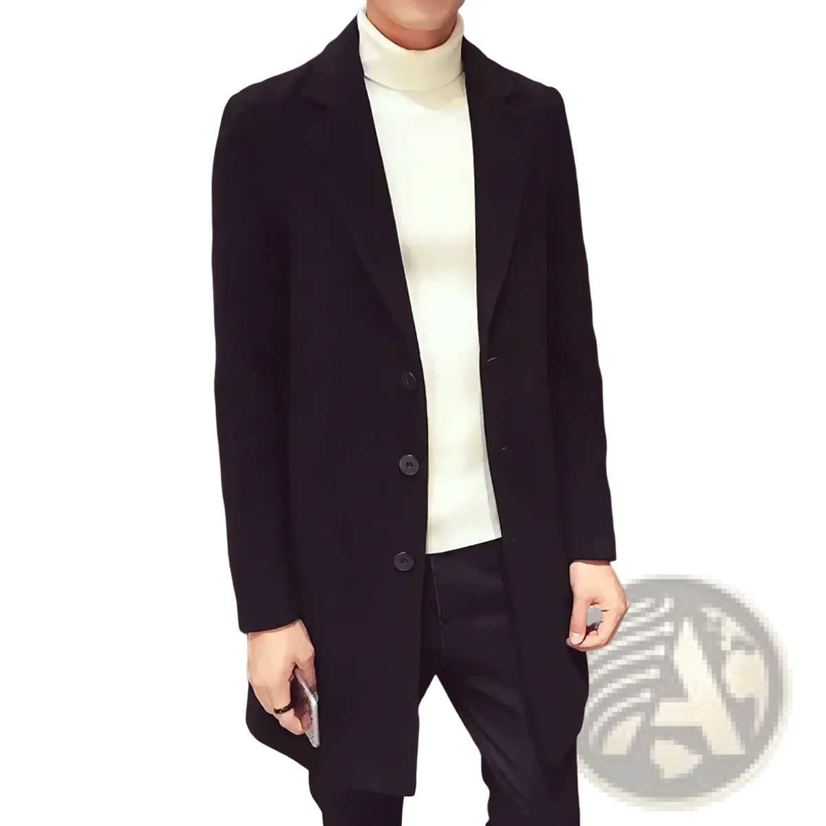 Black wool blend overcoat for men with notched lapels and three dark buttons slim business winter jacket