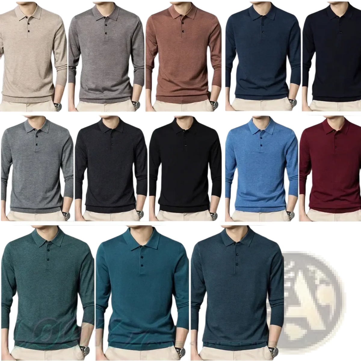 A collection of men wool blend long-sleeved polo sweaters in beige gray brown navy blue black and teal colors
