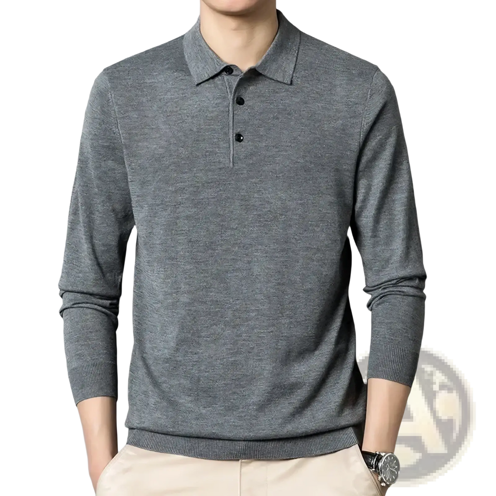 Gray men wool blend polo sweater with long sleeves black buttons and ribbed cuffs for casual wear