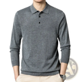 Gray men wool blend polo sweater with long sleeves black buttons and ribbed cuffs for casual wear
