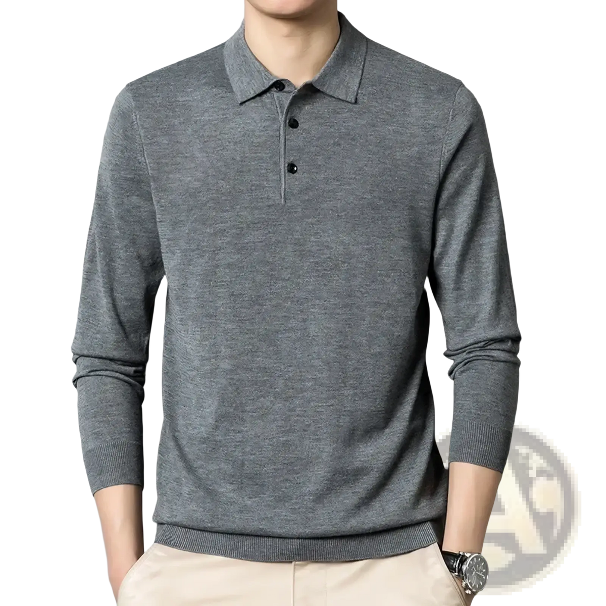 Gray men wool blend polo sweater with long sleeves black buttons and ribbed cuffs for casual wear