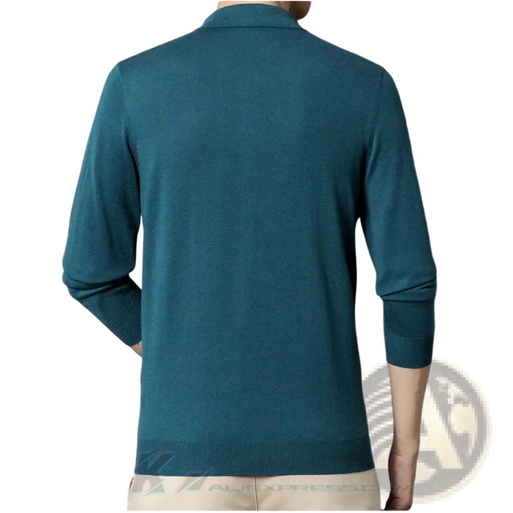 Men wool blend polo sweater in teal with long sleeves collar and ribbed cuffs made from knit fabric