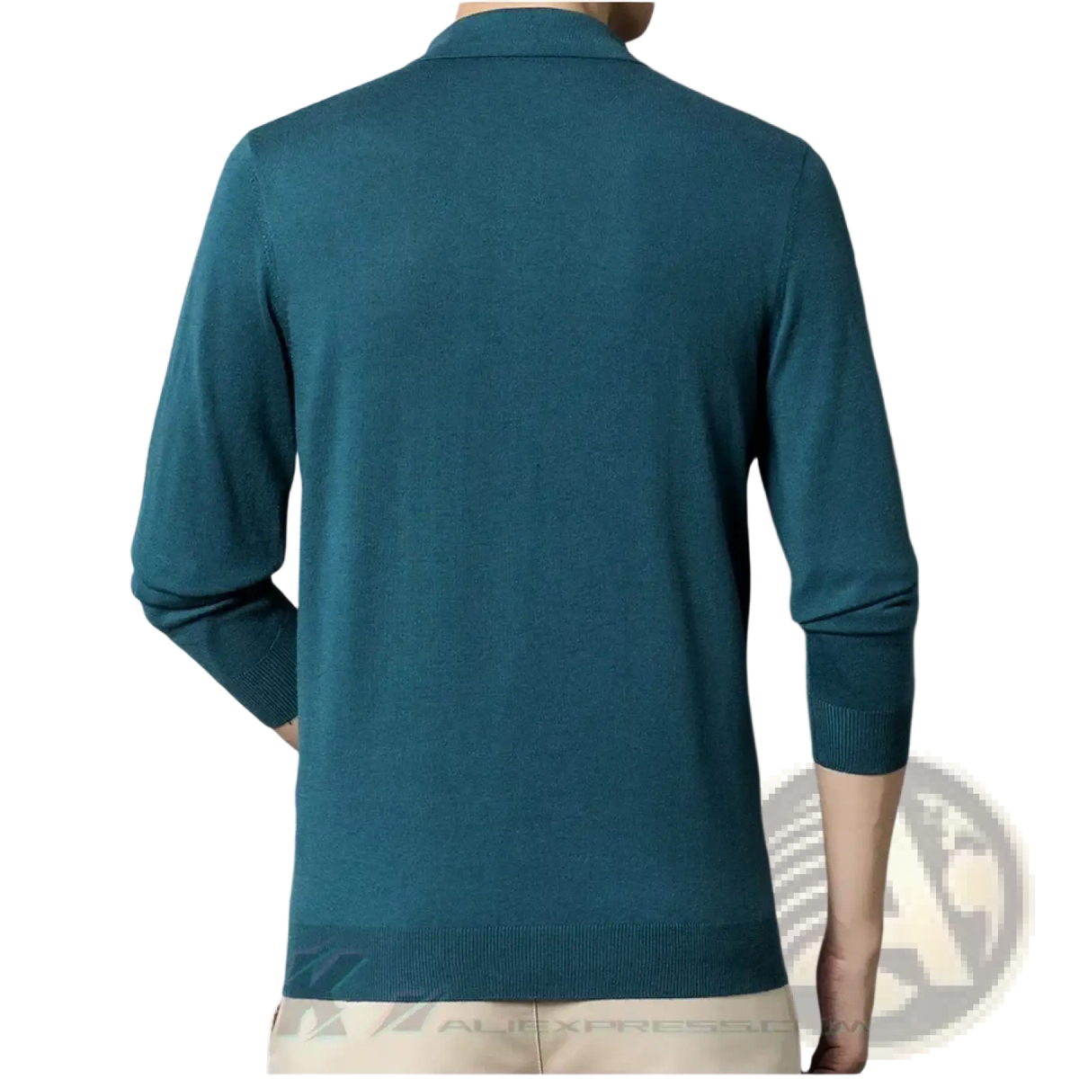 Men wool blend polo sweater in teal with long sleeves collar and ribbed cuffs made from knit fabric