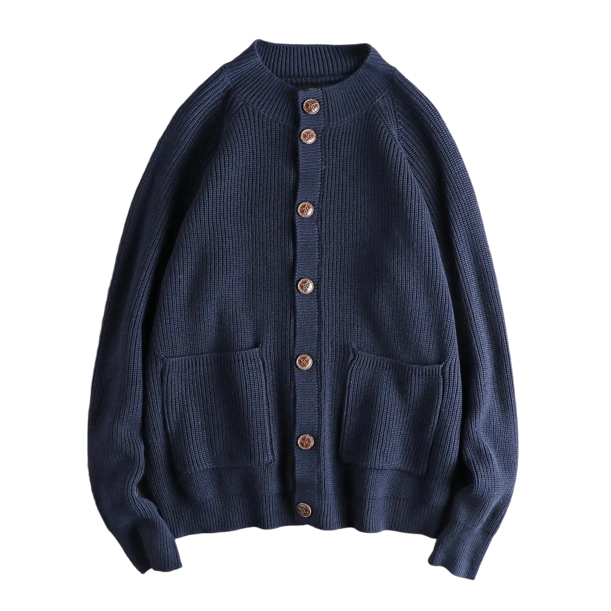 Men wool blend ribbed knit cardigan sweater in navy blue with brown buttons and two front pockets