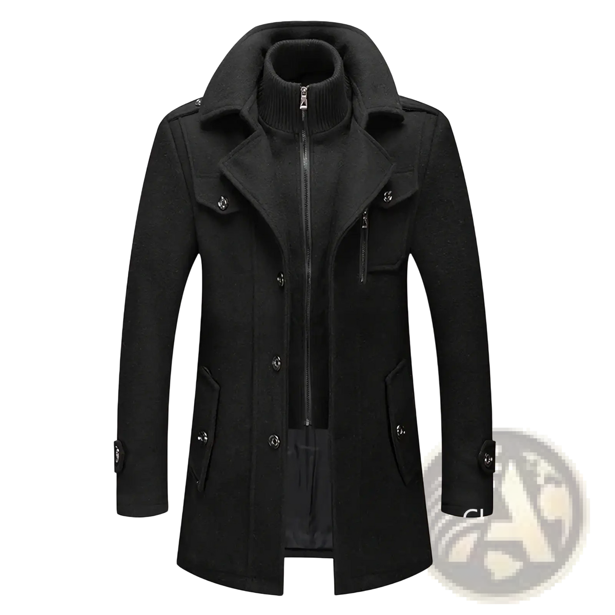 Black wool blend trench coat for men with high collar front zipper and buttoned flap pockets for winter business use