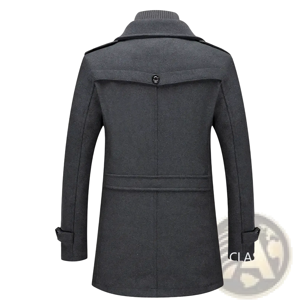 Dark gray wool blend trench coat with high collar and buttoned flap pockets for business casual winter wear