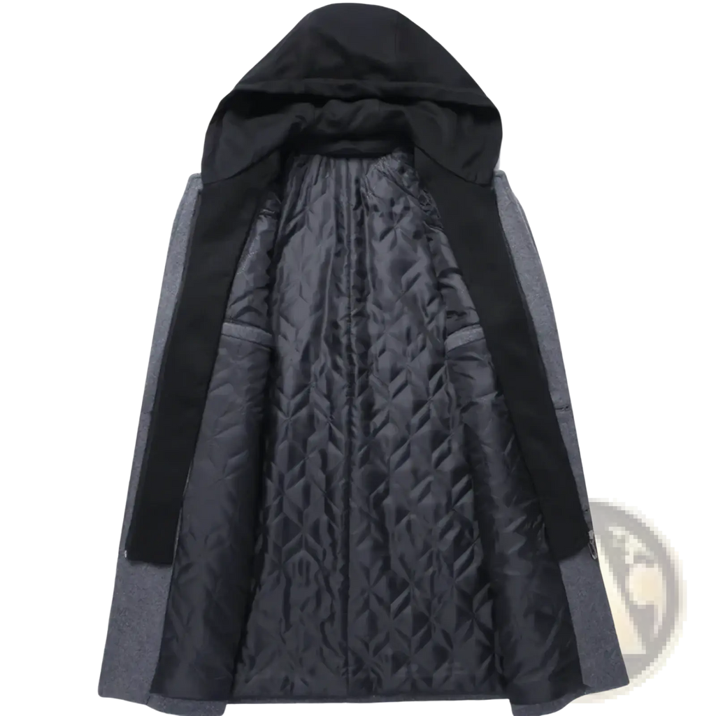 Men wool blend trench coat with detachable black quilted hood gray outer shell and black inner lining front view