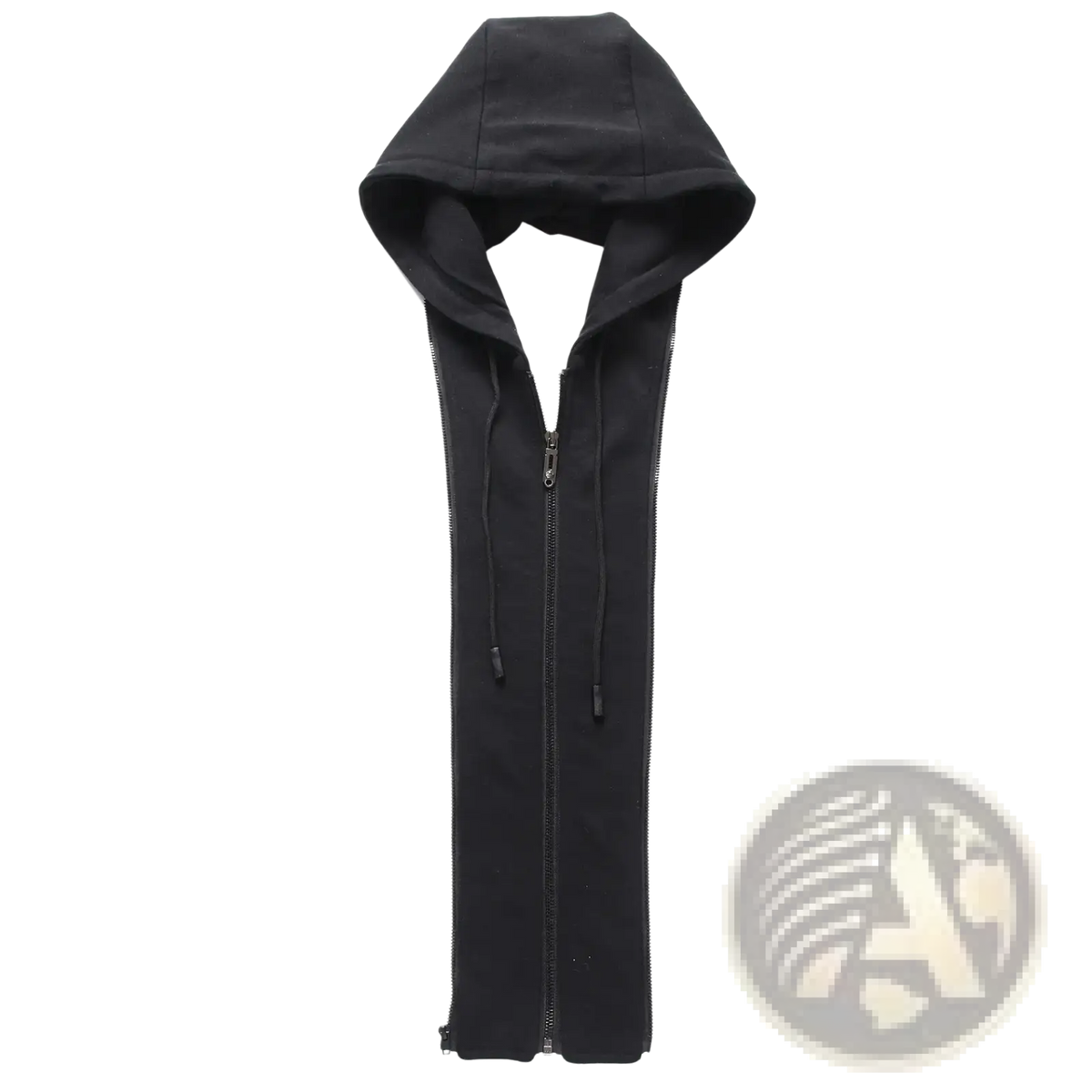 Black wool blend trench coat with detachable hood and zip-up front featuring drawstrings for adjustable fit