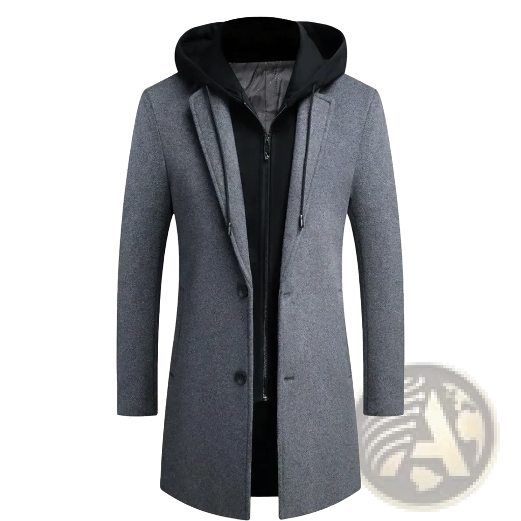 Men wool blend trench coat in gray with a detachable black hood showcasing the back side of the overcoat