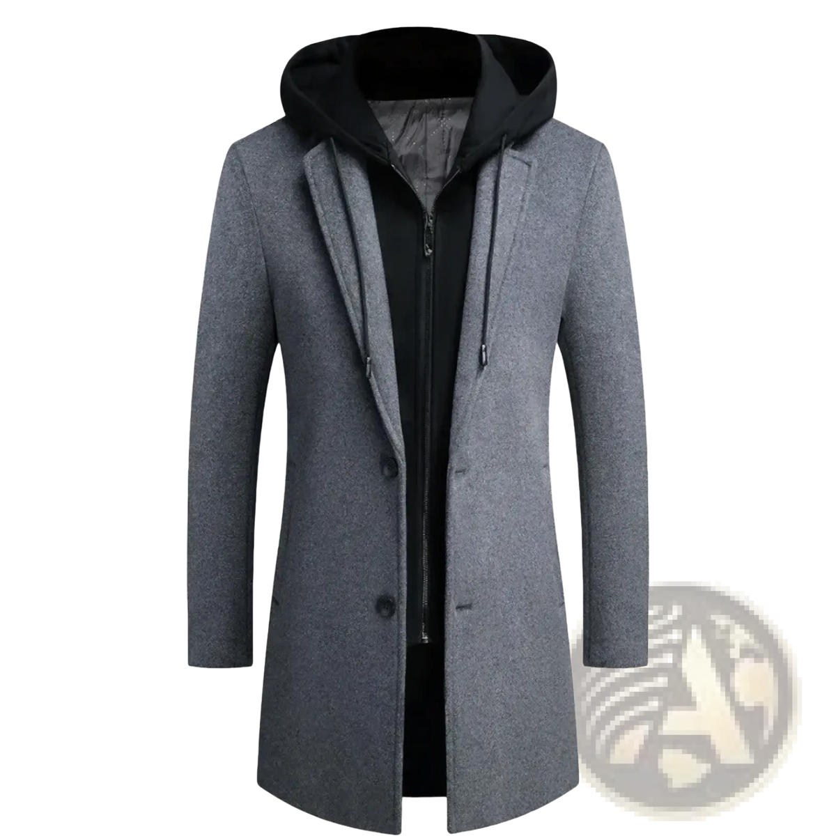 Men wool blend trench coat in gray with a detachable black hood showcasing the back side of the overcoat