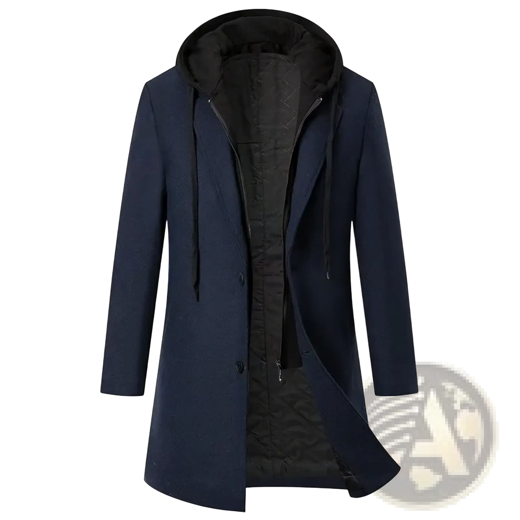 Navy blue men wool blend trench coat with detachable hood black inner lining and drawstrings front view