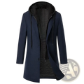 Navy blue men wool blend trench coat with detachable hood black inner lining and drawstrings front view