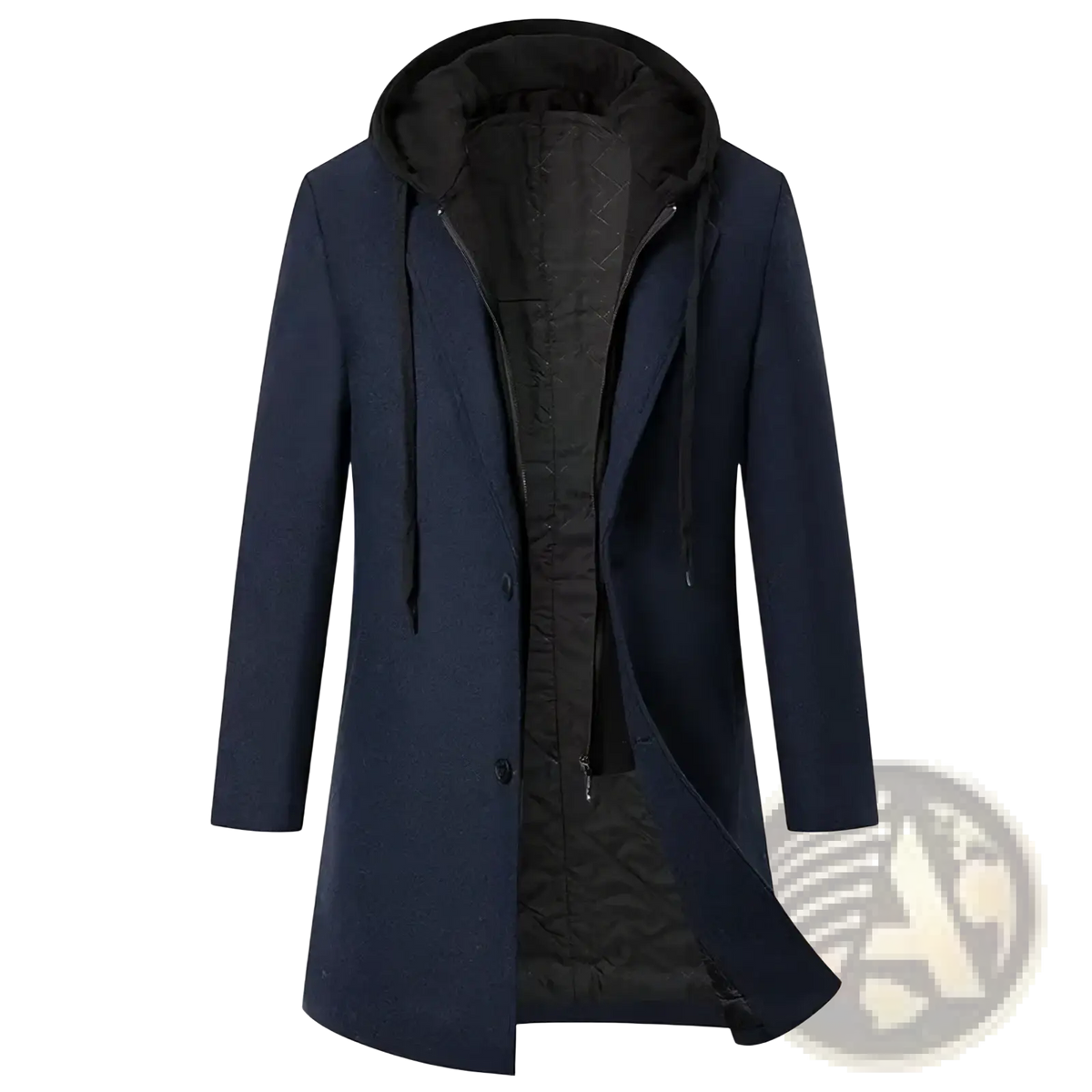 Navy blue men wool blend trench coat with detachable hood black inner lining and drawstrings front view