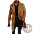 A tan wool blend double breasted men’s trench coat with notched lapels and classic overcoat design