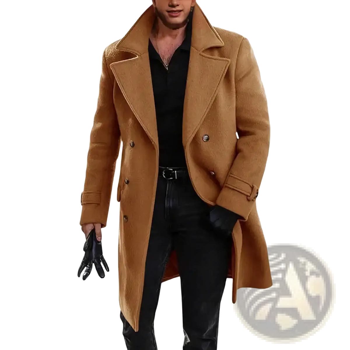 A tan wool blend double breasted men’s trench coat with notched lapels and classic overcoat design