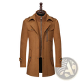 Men wool blend trench coat in tan with high collar front zipper and buttoned cuffs for winter wear
