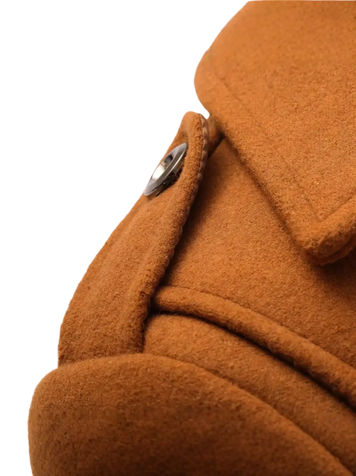 A close-up of a warm brown men wool blend trench coat with a silver-toned button fastening the collar