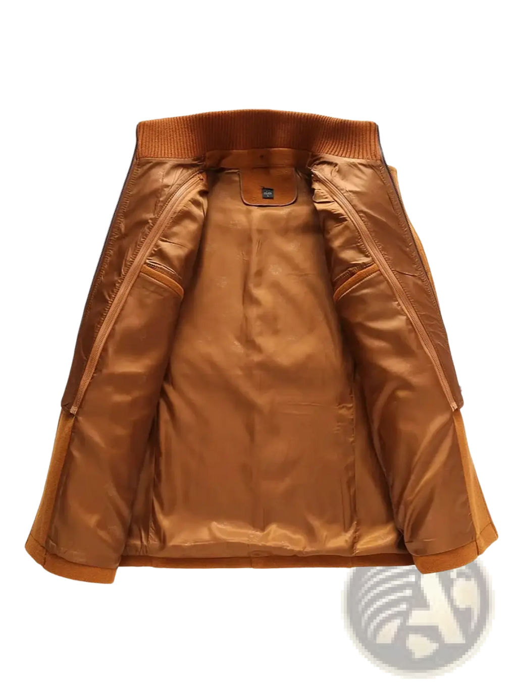 Tan wool blend trench coat fleece winter jacket with ribbed collar and zipper-lined pockets for men
