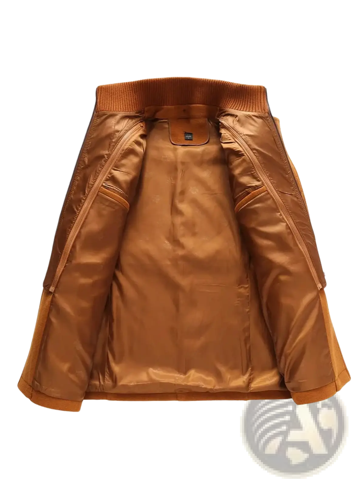 Tan wool blend trench coat fleece winter jacket with ribbed collar and zipper-lined pockets for men