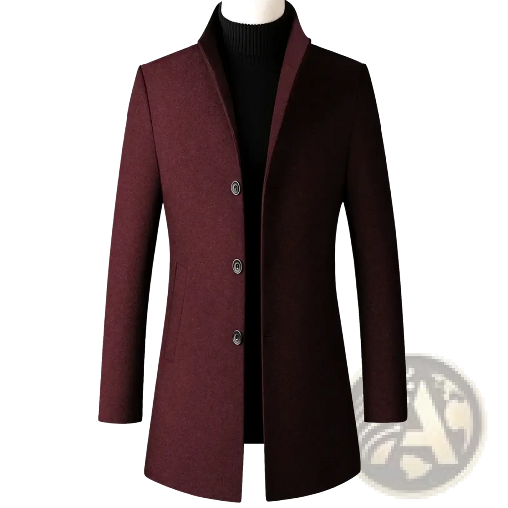 Btsukimi men wool blend trench coat maroon overcoat with notched collar and three silver buttons for winter wear