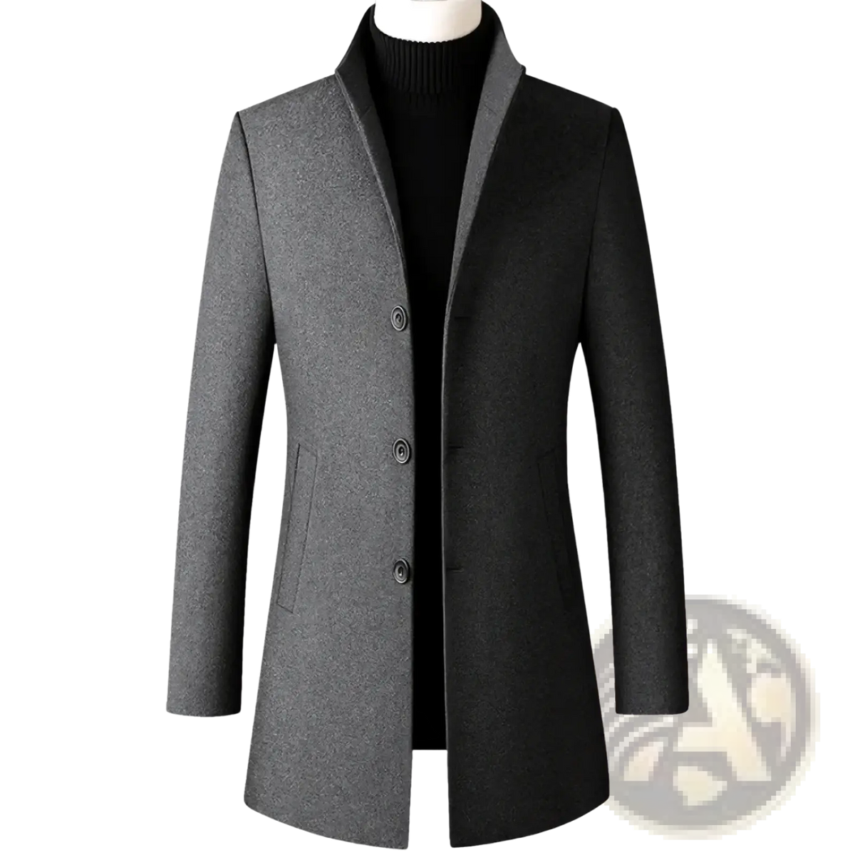 Men wool blend trench coat in gray with a notched collar and three dark buttons for warm winter wear