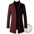 Men wool blend trench coat in sleek maroon with notched collar and three silver-toned buttons for winter wear