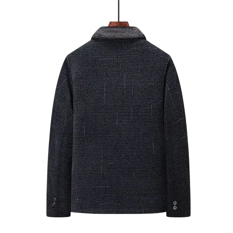 Men wool blend trench coat in dark gray with cozy fleece-lined winter fur collar for cold weather use