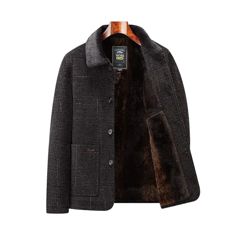 Men wool blend trench coat in dark gray with plush brown fur-lined collar and three front buttons for winter