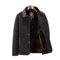 Men wool blend trench coat in dark gray with plush brown fur-lined collar and three front buttons for winter