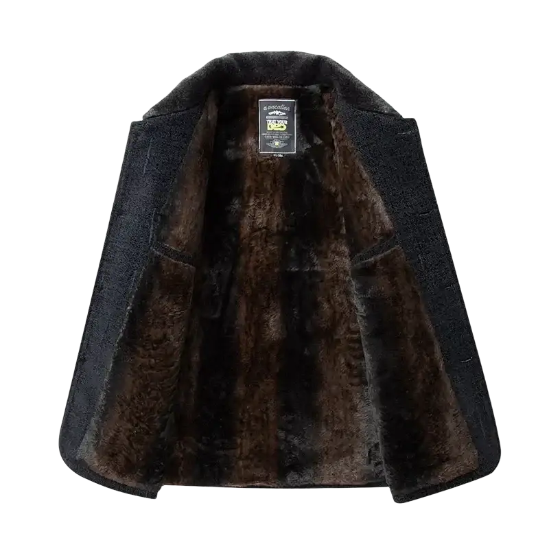 Men wool blend winter trench coat in black shearling with plush dark brown fur lining and textured outer fabric