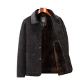Men wool blend winter trench coat in dark gray with plush brown fur-lined collar interior and three front buttons