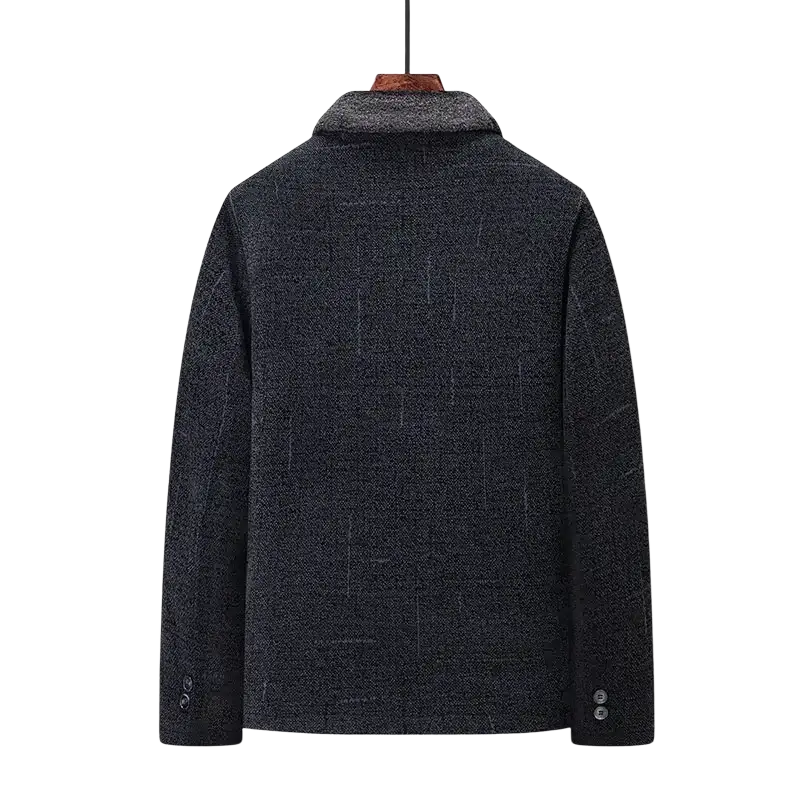 Men wool blend winter trench coat in dark gray with textured fabric subtle plaid pattern and ribbed collar