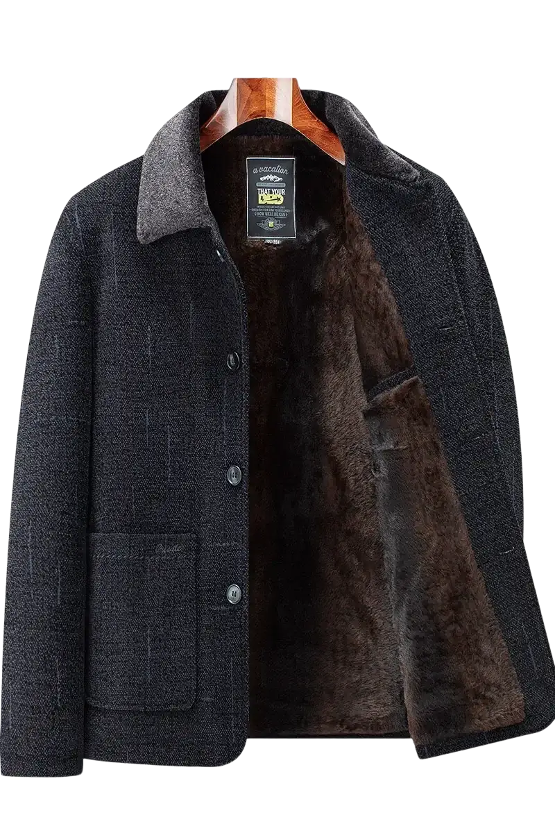 Men wool blend winter trench coat in dark gray with plush brown fur lining and matching collar featuring button front design